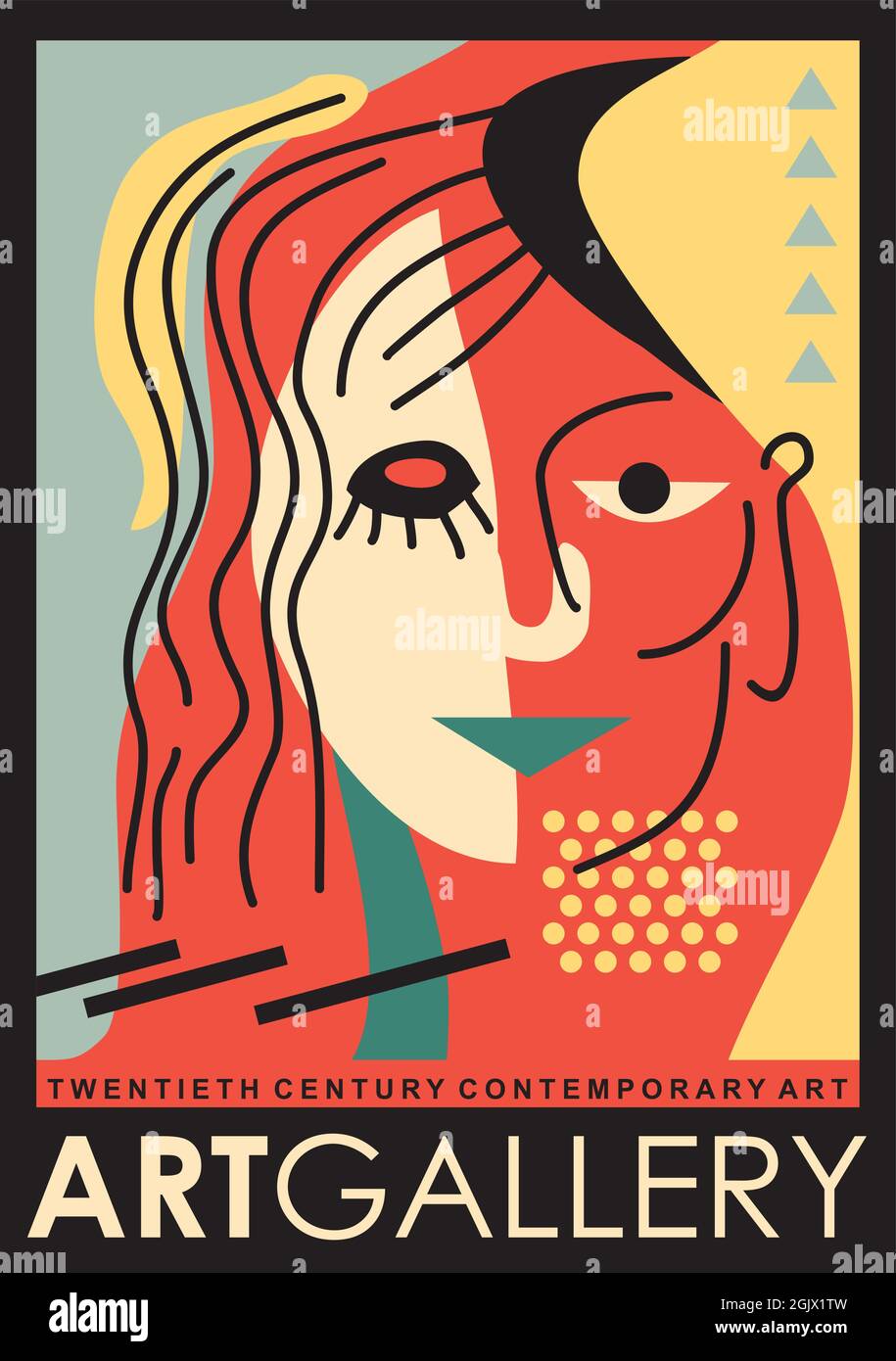 Design poster galleria d'arte con ritratto donna astratto. Volantino artistico per la mostra d'arte moderna contemporanea. Grafica vettoriale vintage Illustrazione Vettoriale