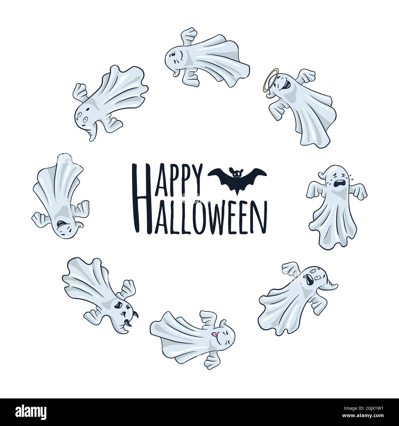 Felice cornice rotonda di Halloween con carino fantasmi. Stile cartoon. Design delle vacanze autunnali per striscioni, poster, inviti. Divertente spoots modello di scheda in forma di cerchio. Vettore Premium Illustrazione Vettoriale