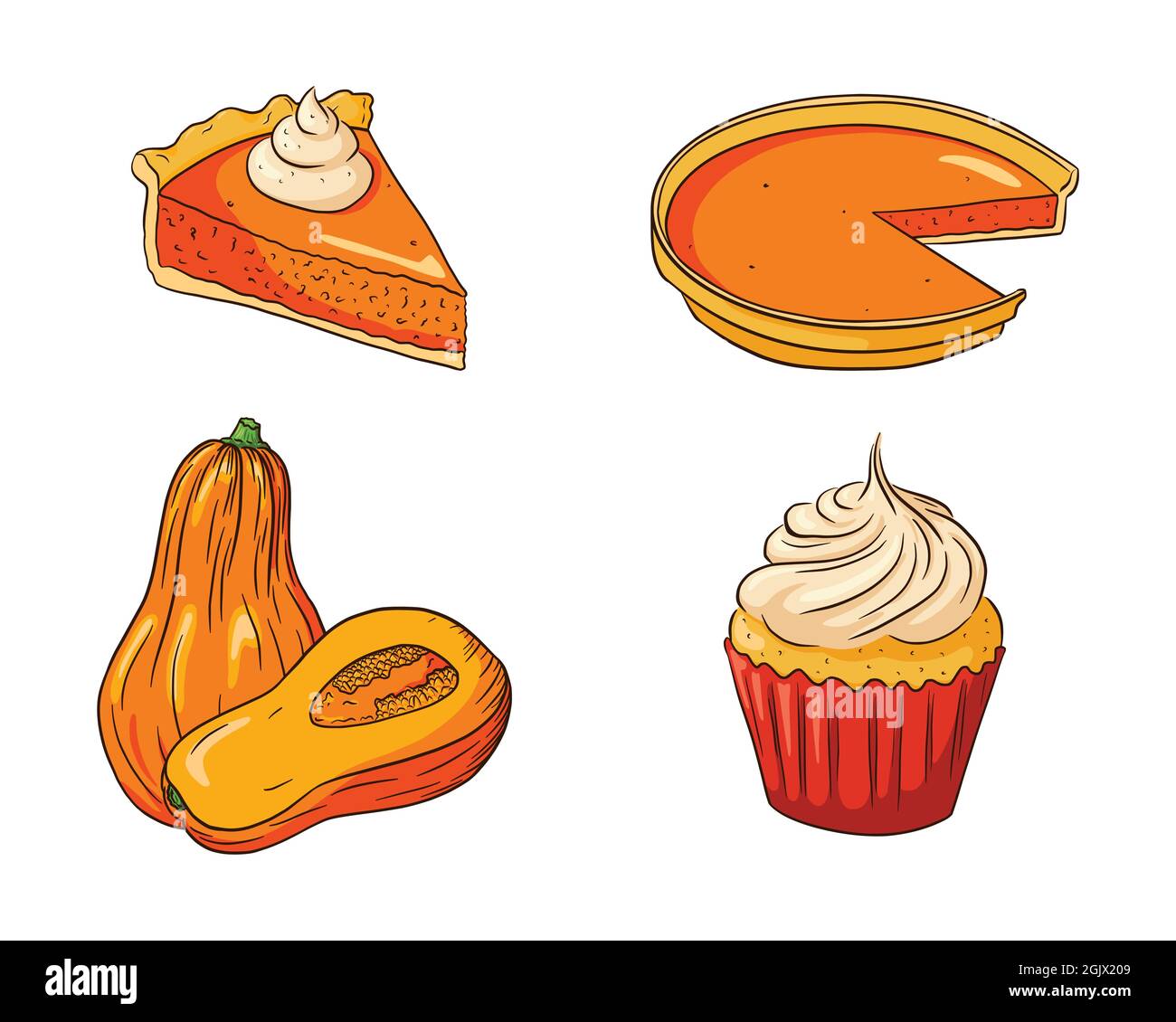 Collezione di piatti di zucca autunnali. Thanksgiving Food Set. Illustrazione delle zucche fresche mature e delle torte di zucca per adesivi, inviti, menu e biglietti d'auguri. Vettore Premium Illustrazione Vettoriale