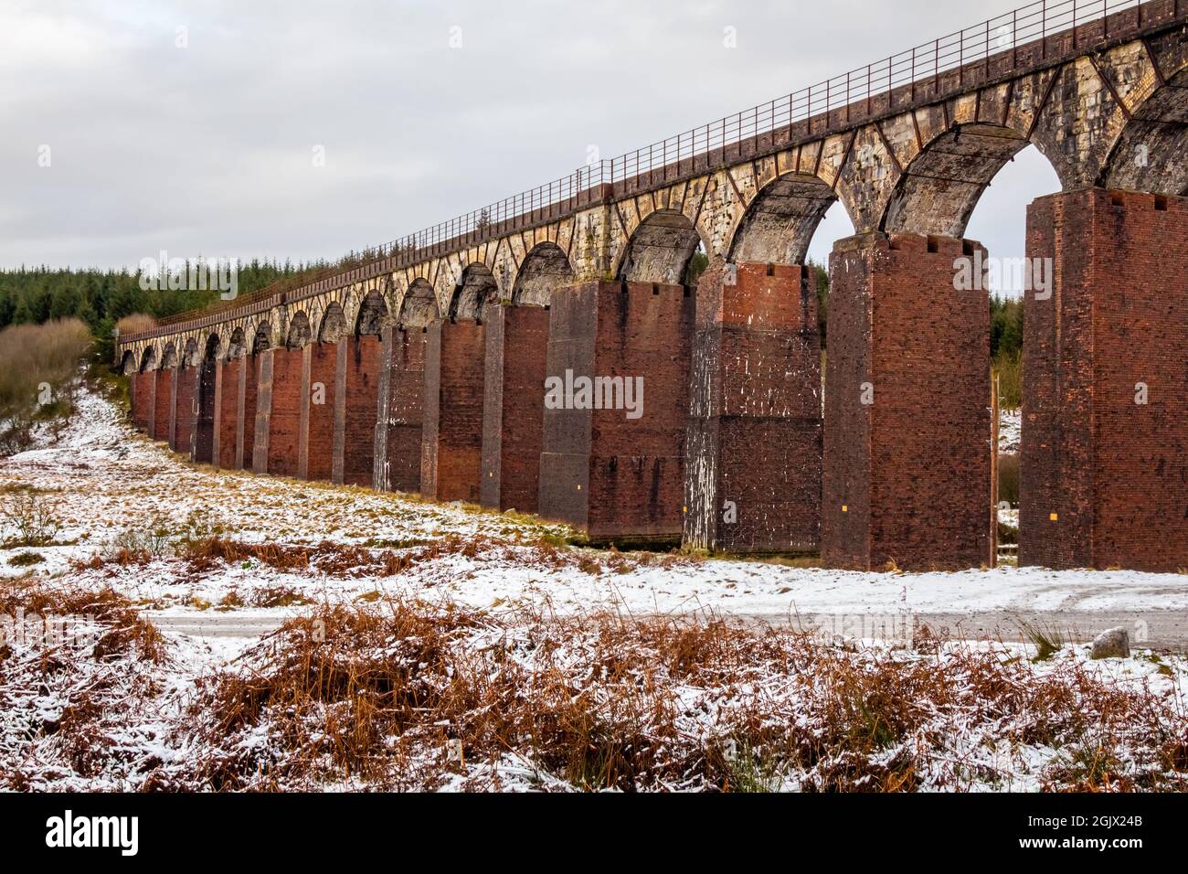 Un paesaggio innevato al viadotto vecchio ferrovia alla Grande acqua della flotta, al Cairnsmore della Riserva Naturale Nazionale della flotta, Dumfries e Glow Foto Stock