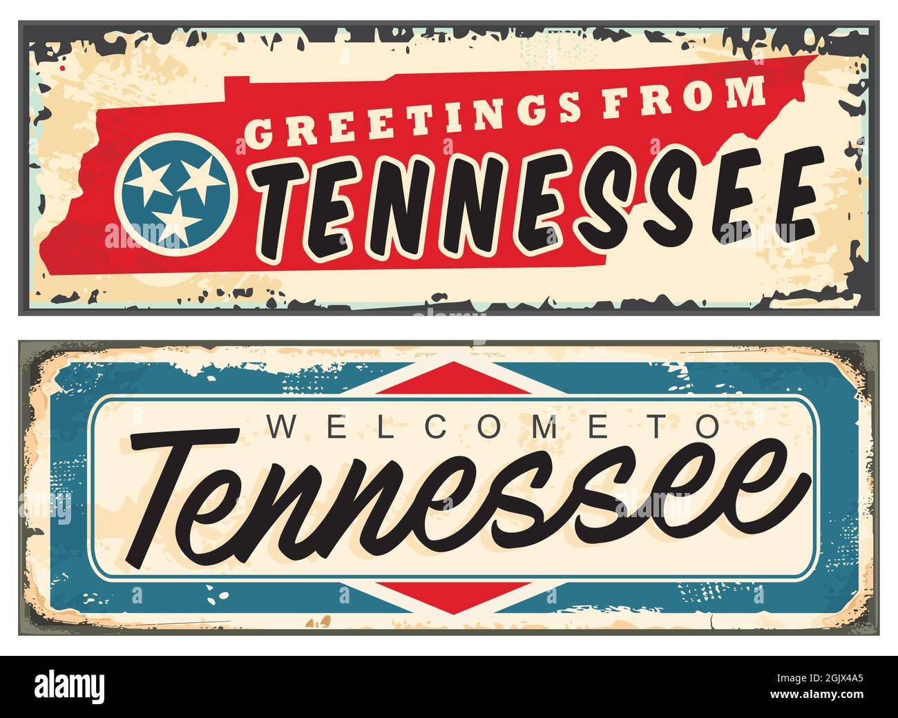 Saluti dal Tennessee USA vintage segno di teglia souvenir. Scheda retrò benvenuto in Tennessee grafica vettoriale. Illustrazione Vettoriale