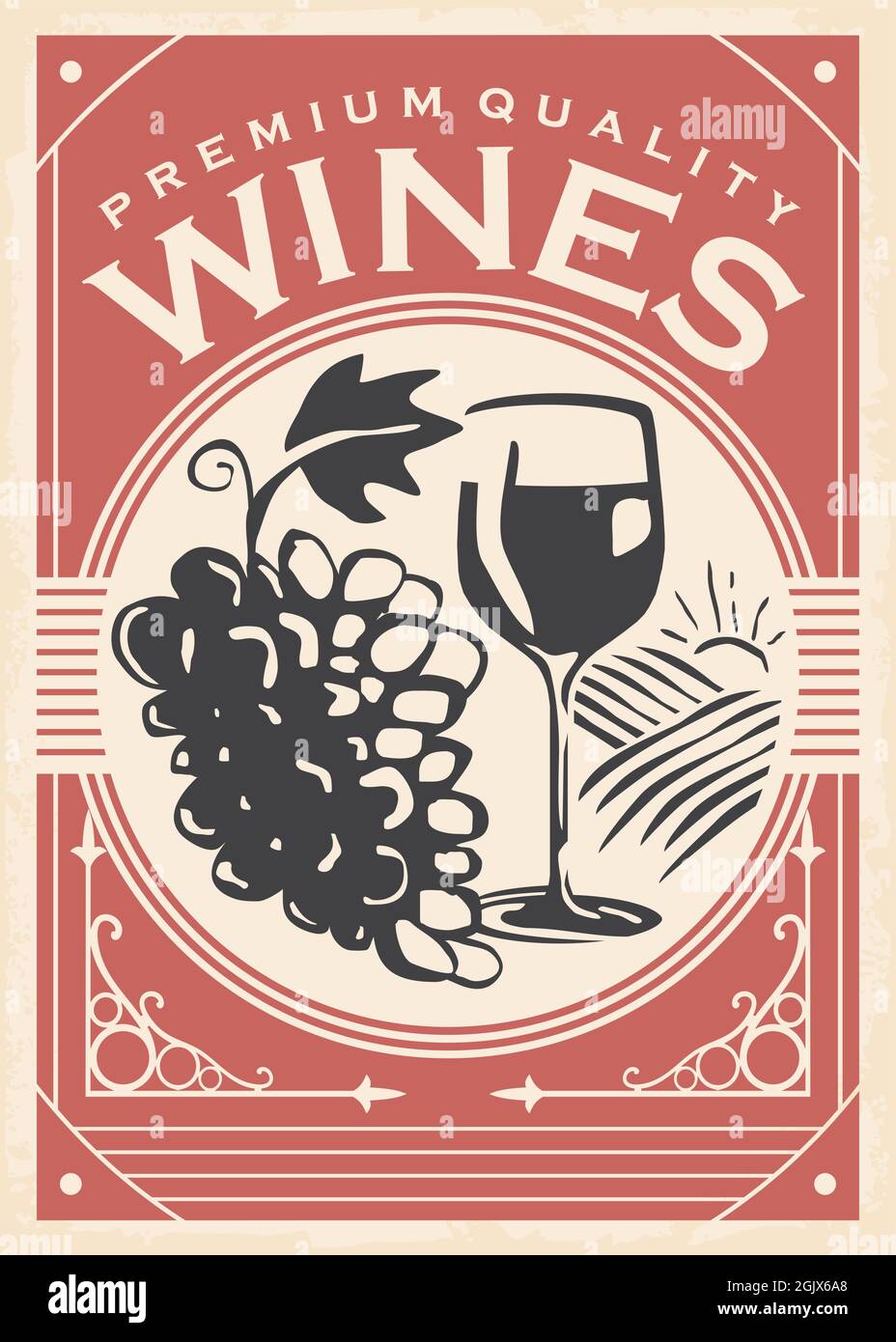 Poster dei vini retrò. Immagine vettoriale dell'uva e del bicchiere del vino. Annuncio d'epoca per vigneto e cantina Illustrazione Vettoriale