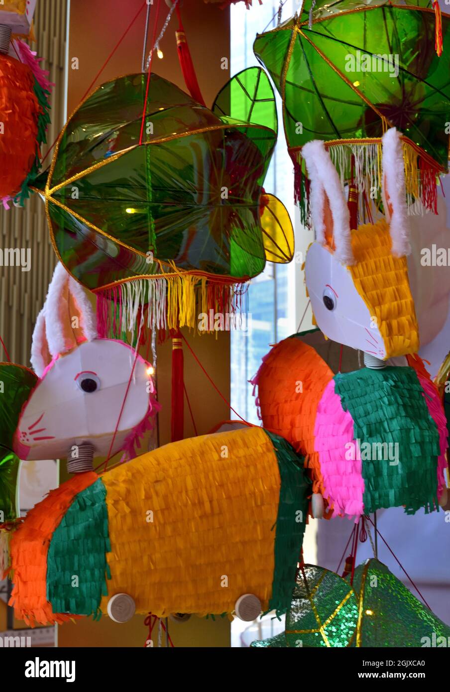 Coniglio di stile cinese e lanterne di frutta stella per la celebrazione del Festival della Luna, Hong Kong Foto Stock