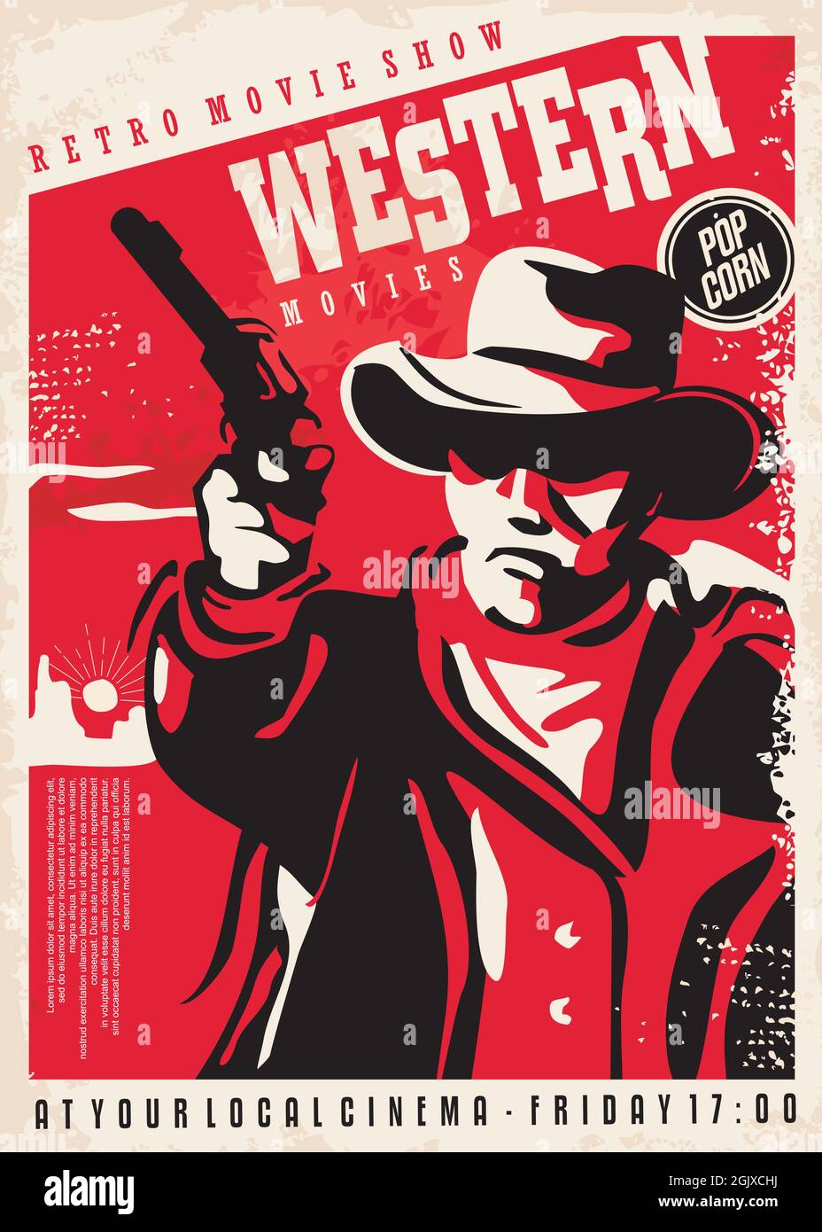 Sparare con pistola, retrò poster concetto per Western film festival. Illustrazione vintage dei cowboy. Poster vettoriale Wild West. Illustrazione Vettoriale