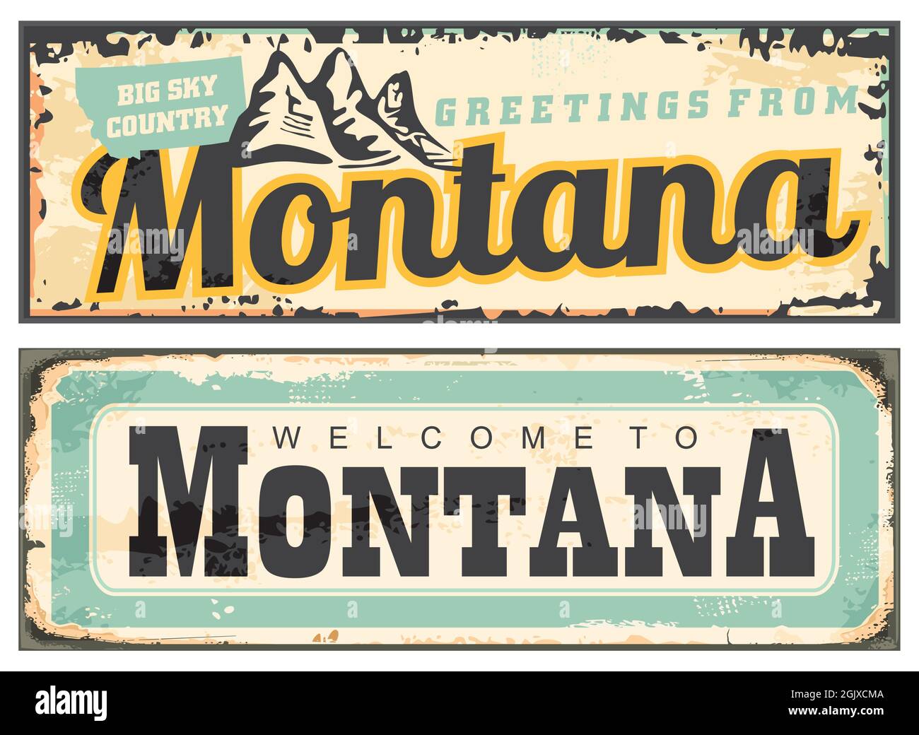 Cartelli in stagno retrò Montana USA. Biglietti d'auguri Vintage Montana. Illustrazione vettoriale benvenuto in Montana Illustrazione Vettoriale