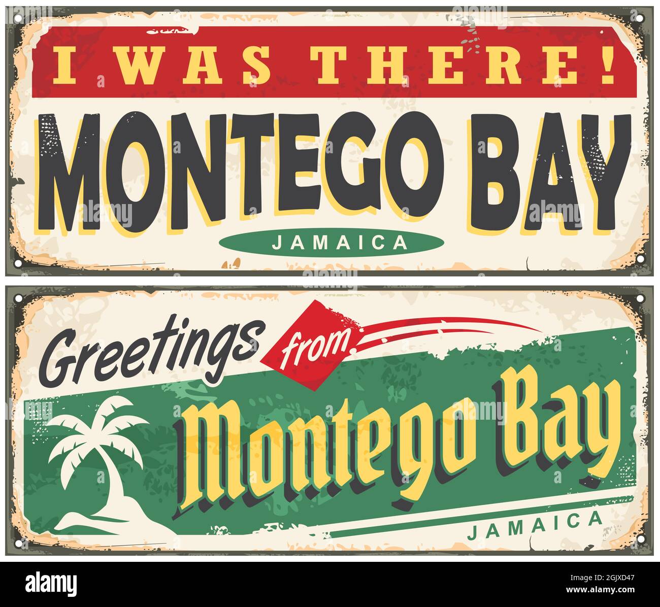 Montego Bay Jamaica retro tin collezione di segni. Isole Caraibi destinazione viaggio illustrazione vettoriale. Souvenir di biglietti d'auguri d'epoca Montego Bay Illustrazione Vettoriale