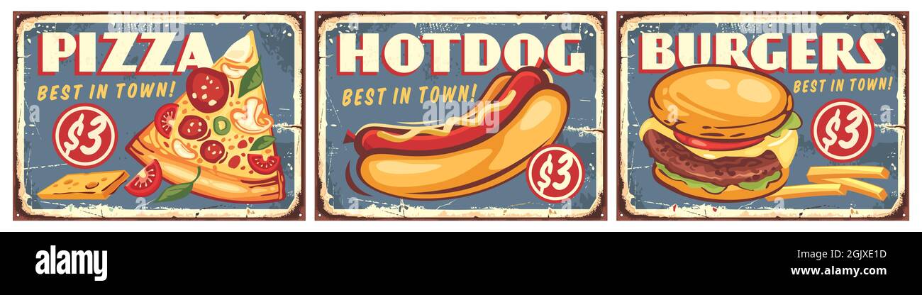 Fast food ristorante retrò insegne collezione per arredamento. Pizza, hamburger e hot dog retrò segni disegni. Illustrazioni vettoriali vintage. Illustrazione Vettoriale
