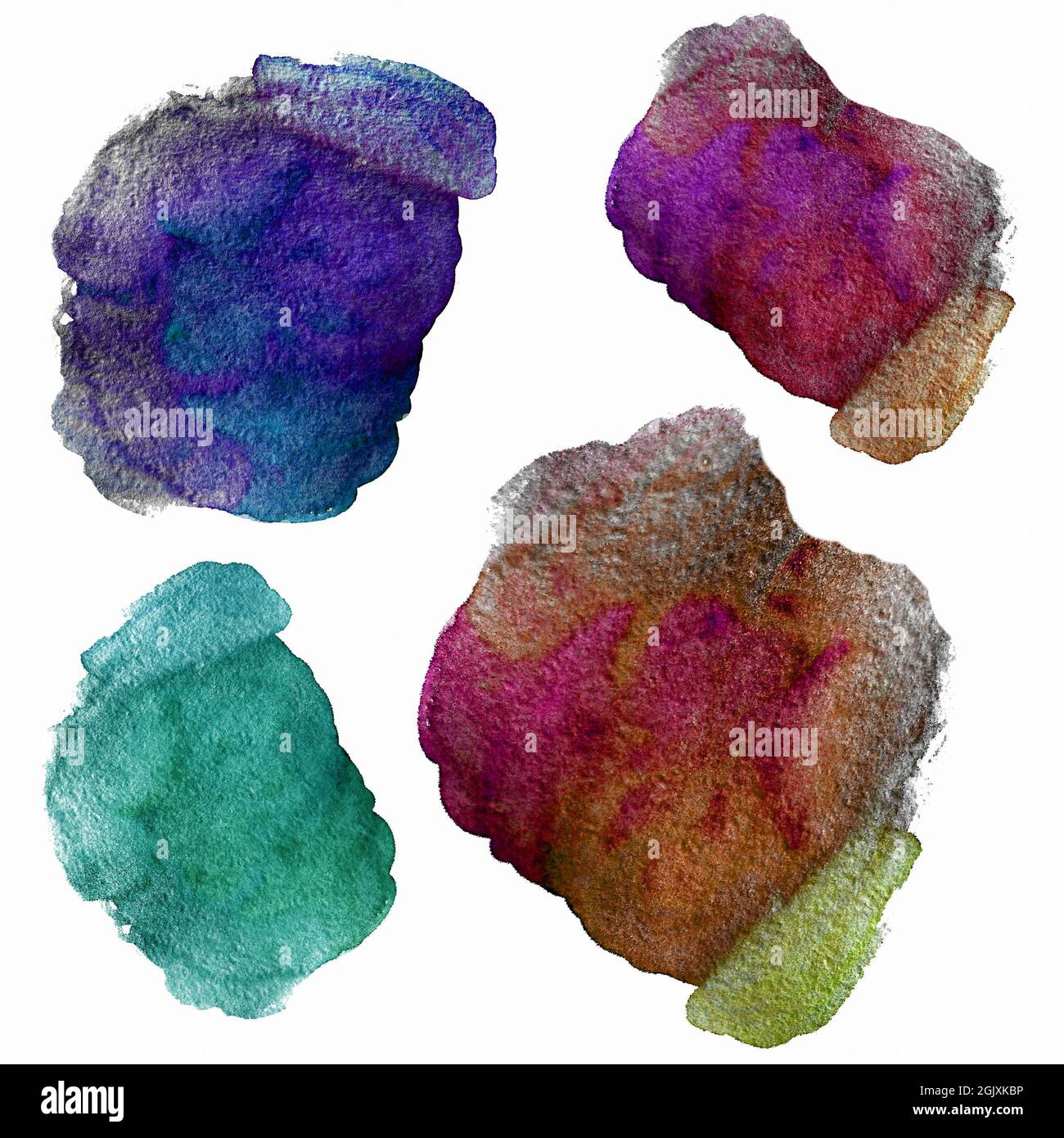 Set di macchie di acquerello astratte a colori su sfondo bianco per il design Foto Stock
