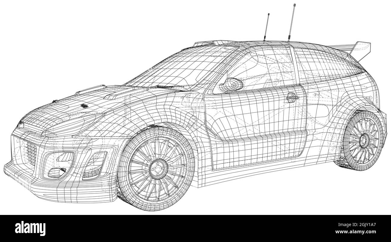 Rally e drift car vettoriale telaio a filo isolato su sfondo. Rendering vettoriale di 3d. Illustrazione Vettoriale