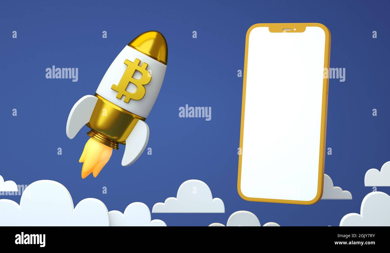 Bitcoin BTC rialzista criptovaluta in un razzo e cellulare bianco schermo mockup in 3D rendering. Blockchain e nuovo concetto di economia Foto Stock