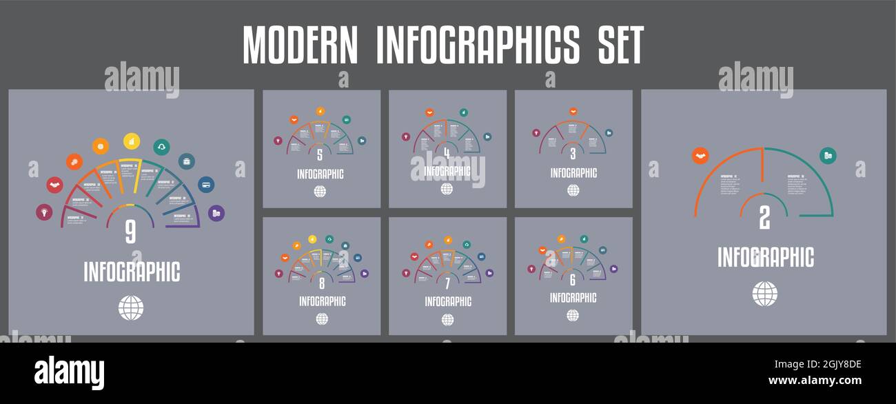 Set moderno di infografiche. Elementi colorati per infografiche su sfondo scuro. Modelli infografici Illustrazione Vettoriale