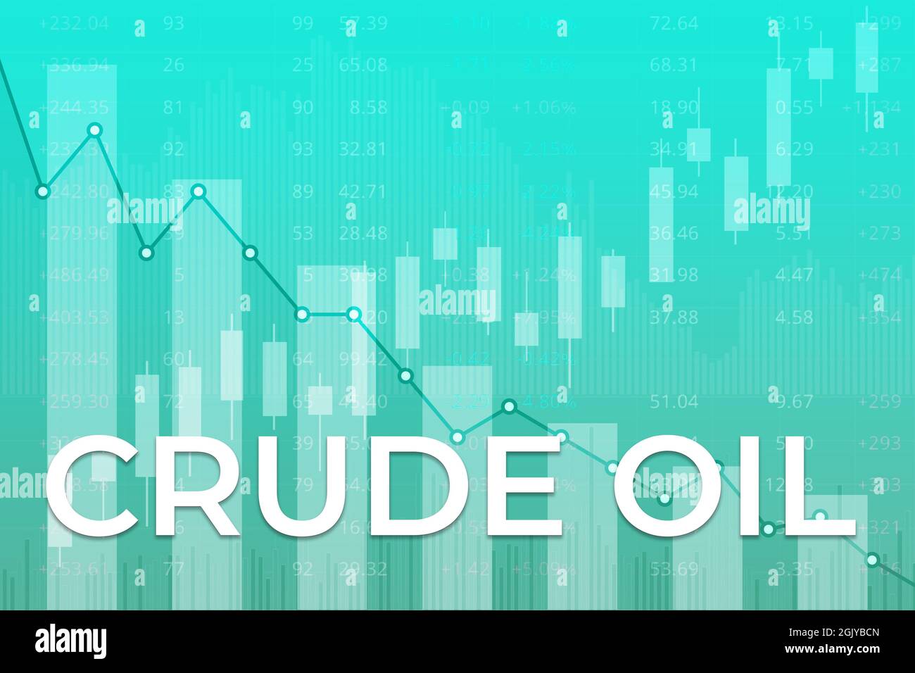 Variazione di prezzo sui futures del petrolio greggio nel mondo su fondo di finanza verde da colonne, grafici, grafici, candela, linee. Trend su e giù. Illustrazione 3D Foto Stock