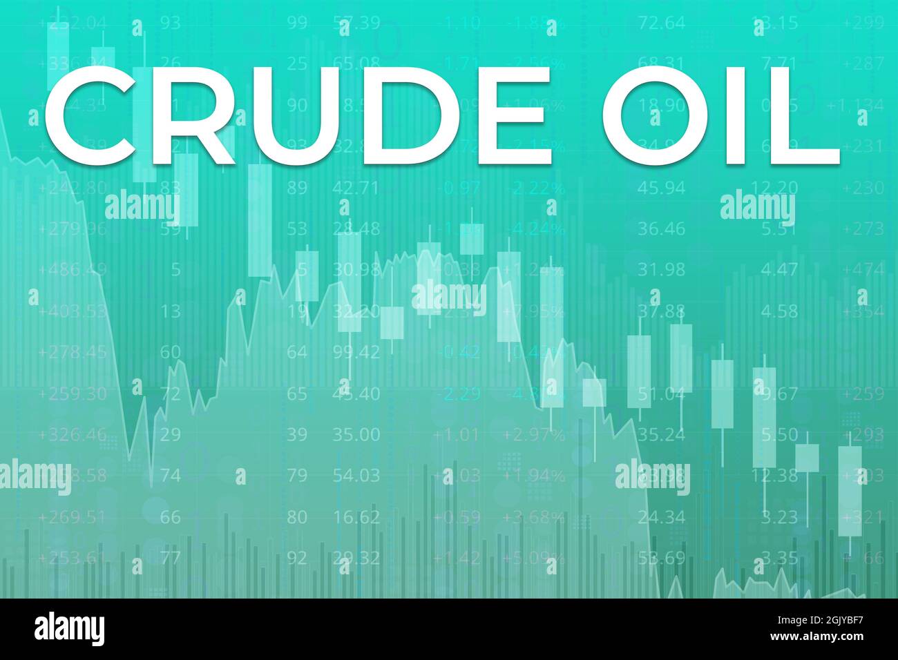 Variazione di prezzo sui futures del petrolio greggio nel mondo su sfondo di finanza verde da colonne, grafici, grafici, candela, freccia. Trend su e giù. Illustrazione 3D Foto Stock