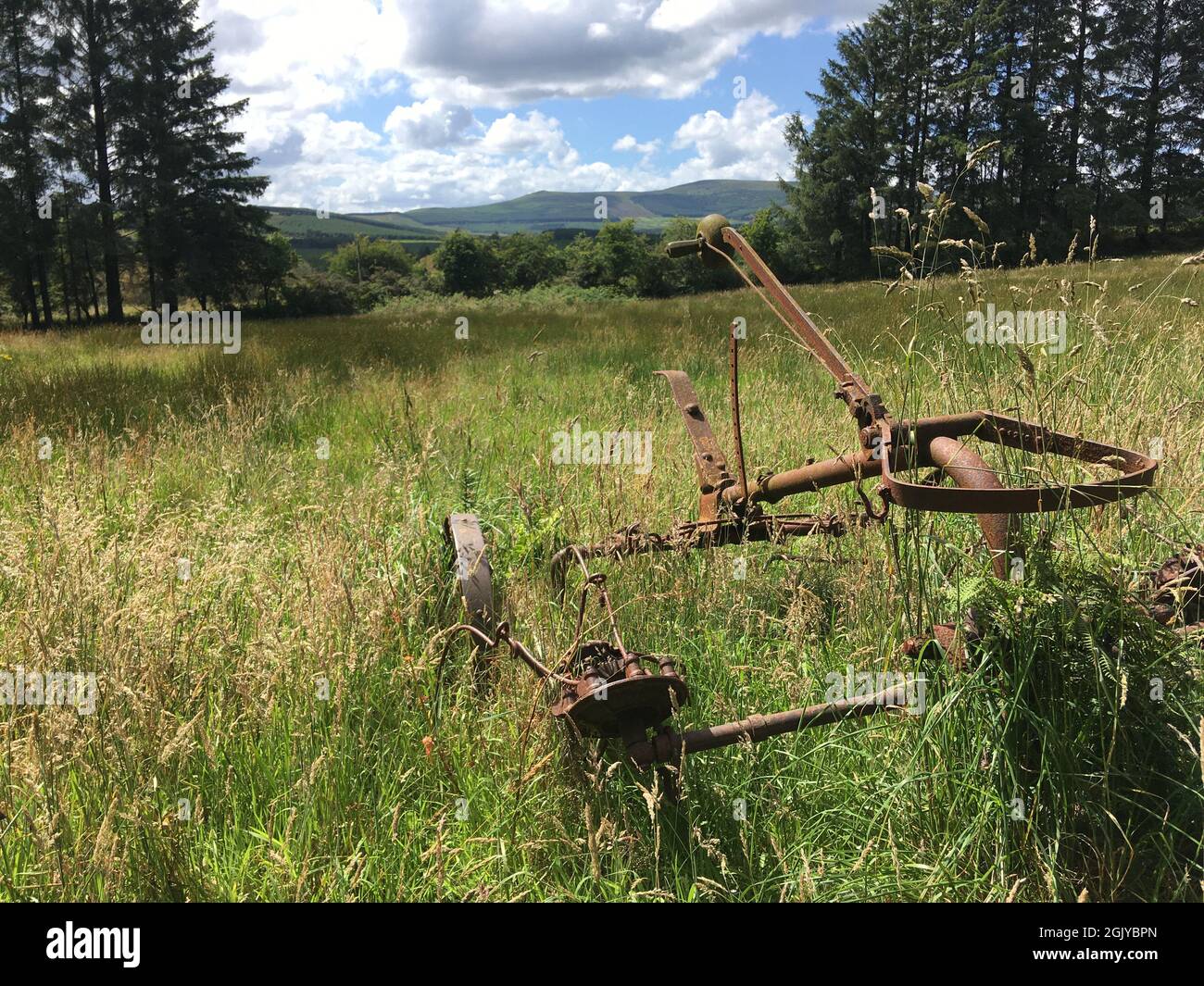 Vecchia macchina agricola trainata da cavalli abbandonata in campo Foto Stock