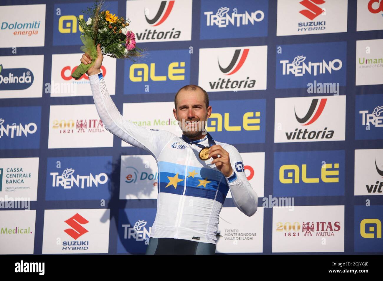 Sonny Colbrelli d'Italia durante i Campionati europei di strada UEC 2021 Trento, il 12 settembre, a Trento. Foto Laurent Lairys/ABACAPRESS.COM Foto Stock
