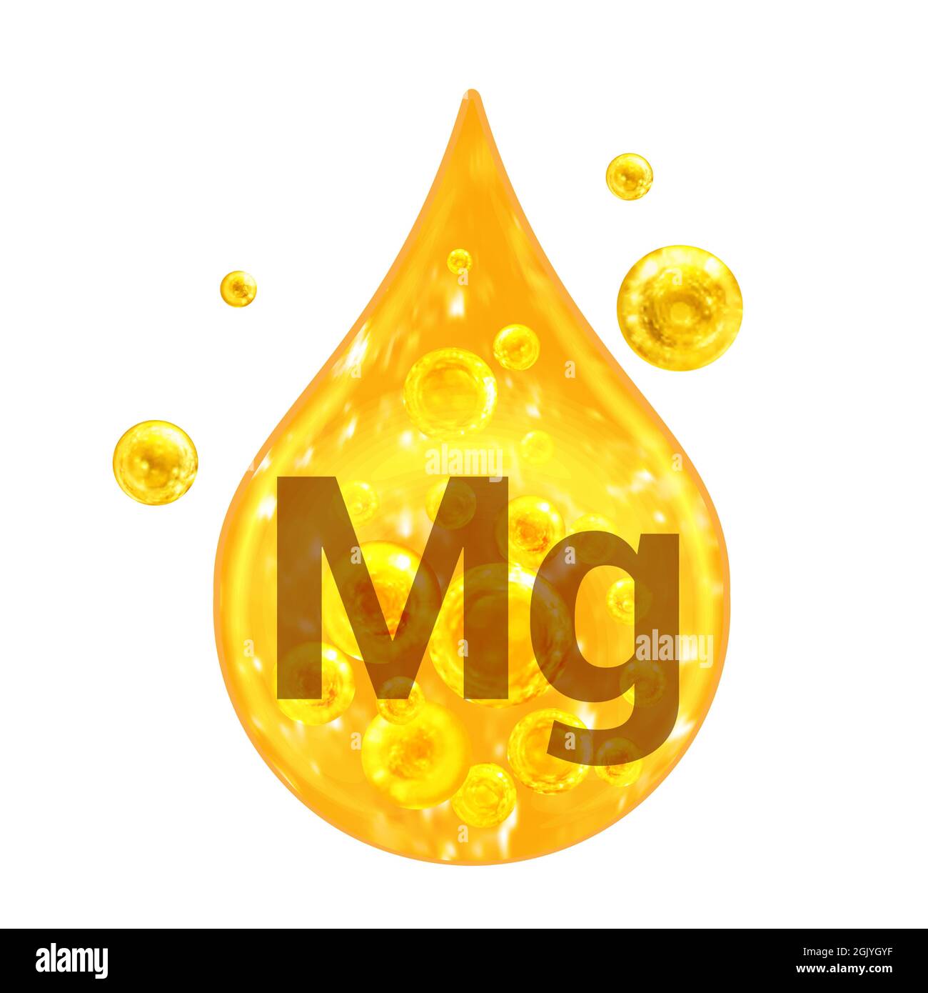 Complesso di vitamine minerali. Mg minerale. Magnesio. Gocce d'oro e palle d'oro isolate su sfondo bianco. Concetto di salute. Mg magnesio. Foto Stock