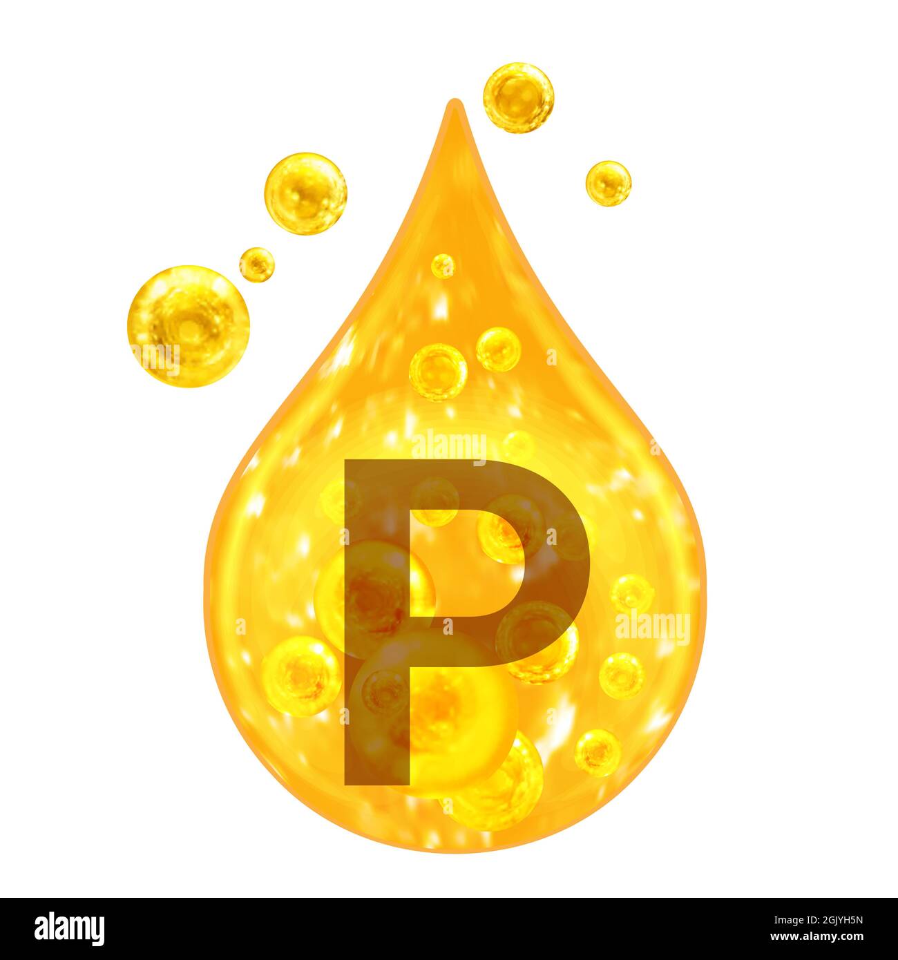 Complesso di vitamine minerali. P. fosforo minerale. Gocce d'oro e palle d'oro isolate su sfondo bianco. Concetto di salute. P fosforo. Foto Stock