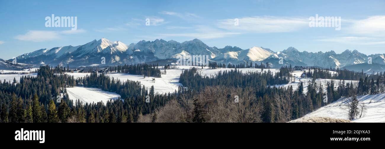 Ampio panorama dei monti Tatra , parte orientale, in inverno visto da Bukowina Tatrzanska in Polonia Foto Stock