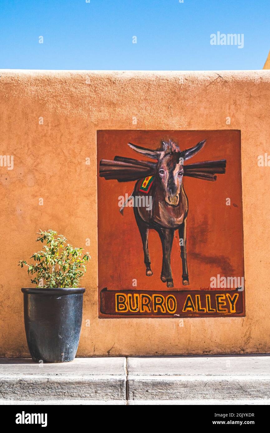 Burro Alley Mural con pianta in vaso il giorno di sole Santa Fe New Mexico Foto Stock