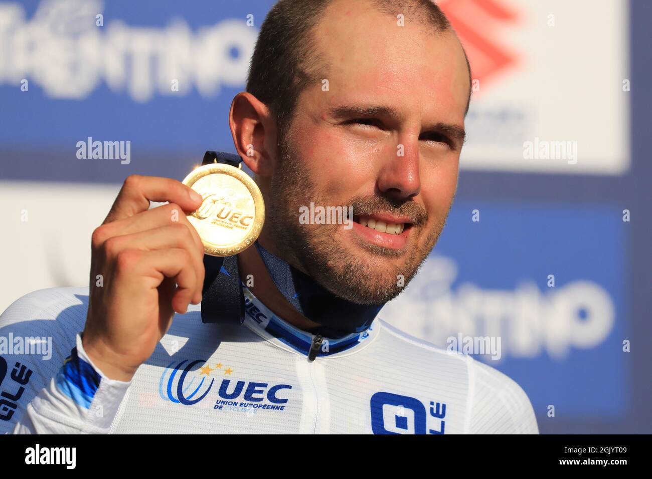 12 settembre 2021: Trento, Trentino–Alto Adige, Italia: UEC Road European Mens Elite Cycling Championships; Sonny COLBRELLI (ITA) vincitore della gara Foto Stock