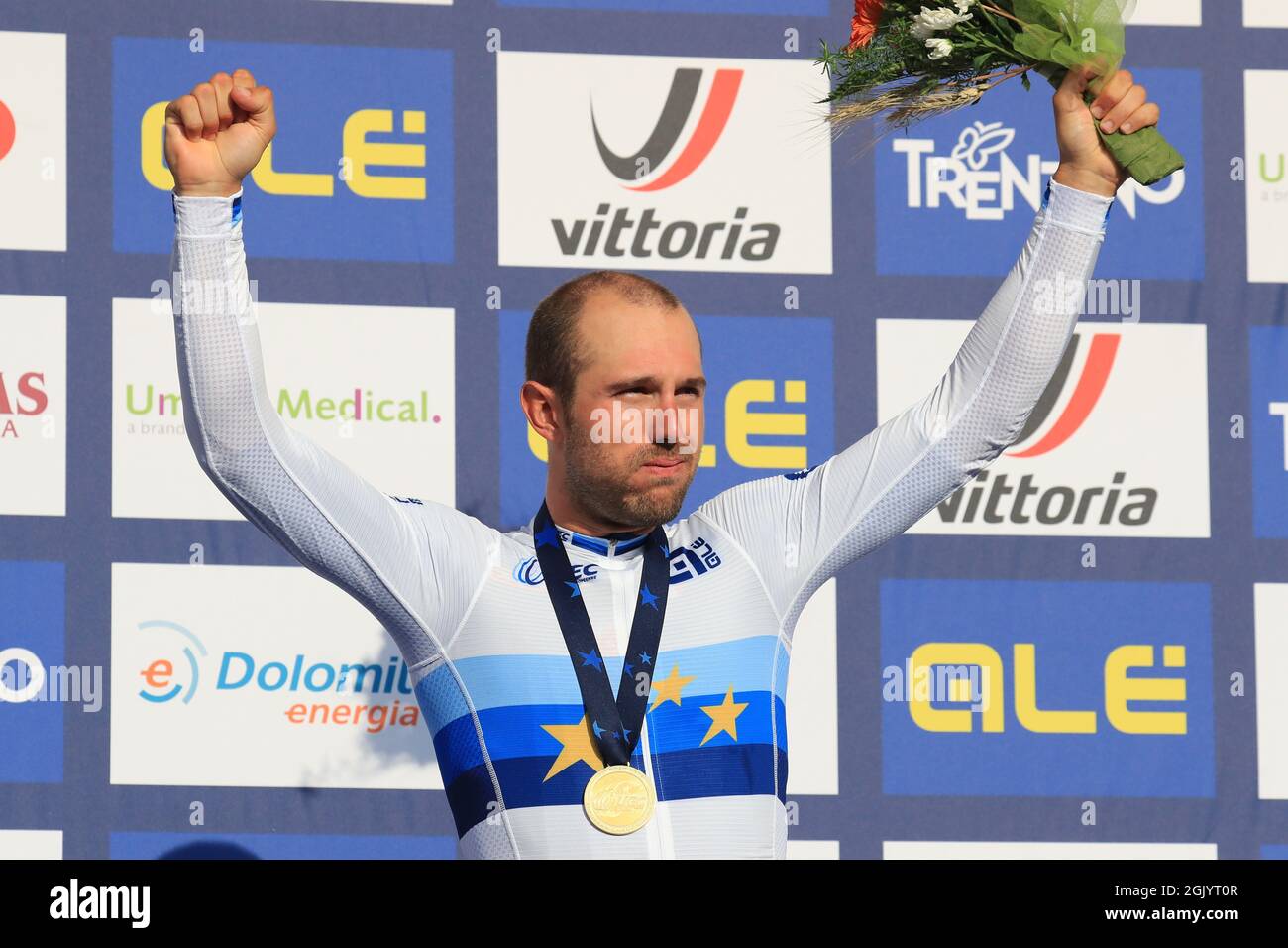 12 settembre 2021: Trento, Trentino–Alto Adige, Italia: UEC Road European Mens Elite Cycling Championships; Sonny COLBRELLI (ITA) vincitore della gara Foto Stock
