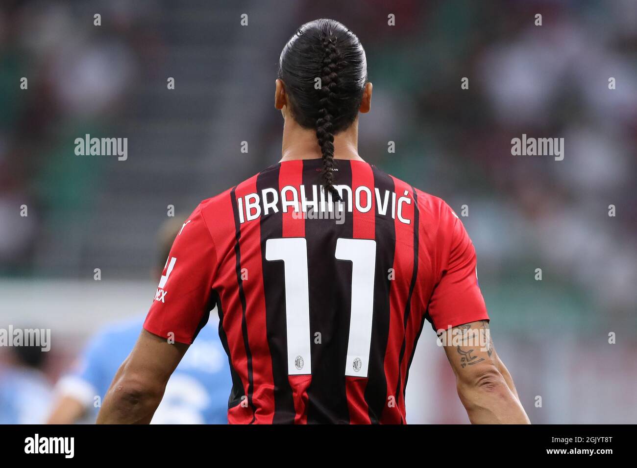 Milano, 12 settembre 2021. Zlatan Ibrahimovic di AC Milan sfoggia capelli intrecciati durante la serie A alla gara di Giuseppe Meazza, Milano. Il credito d'immagine dovrebbe essere: Jonathan Moscrop / Sportimage Credit: Sportimage/Alamy Live News Foto Stock