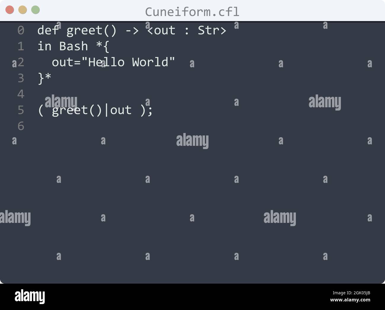 Linguaggio cuneiforme Hello World esempio di programma nella finestra dell'editor Illustrazione Vettoriale