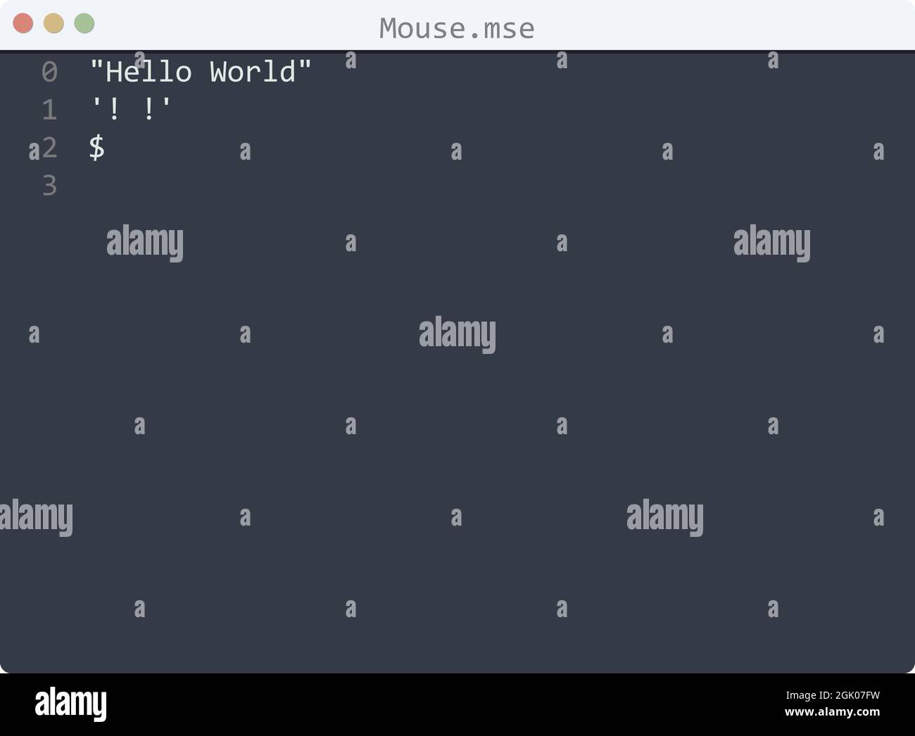 Linguaggio del mouse Hello World esempio di programma nella finestra dell'editor Illustrazione Vettoriale