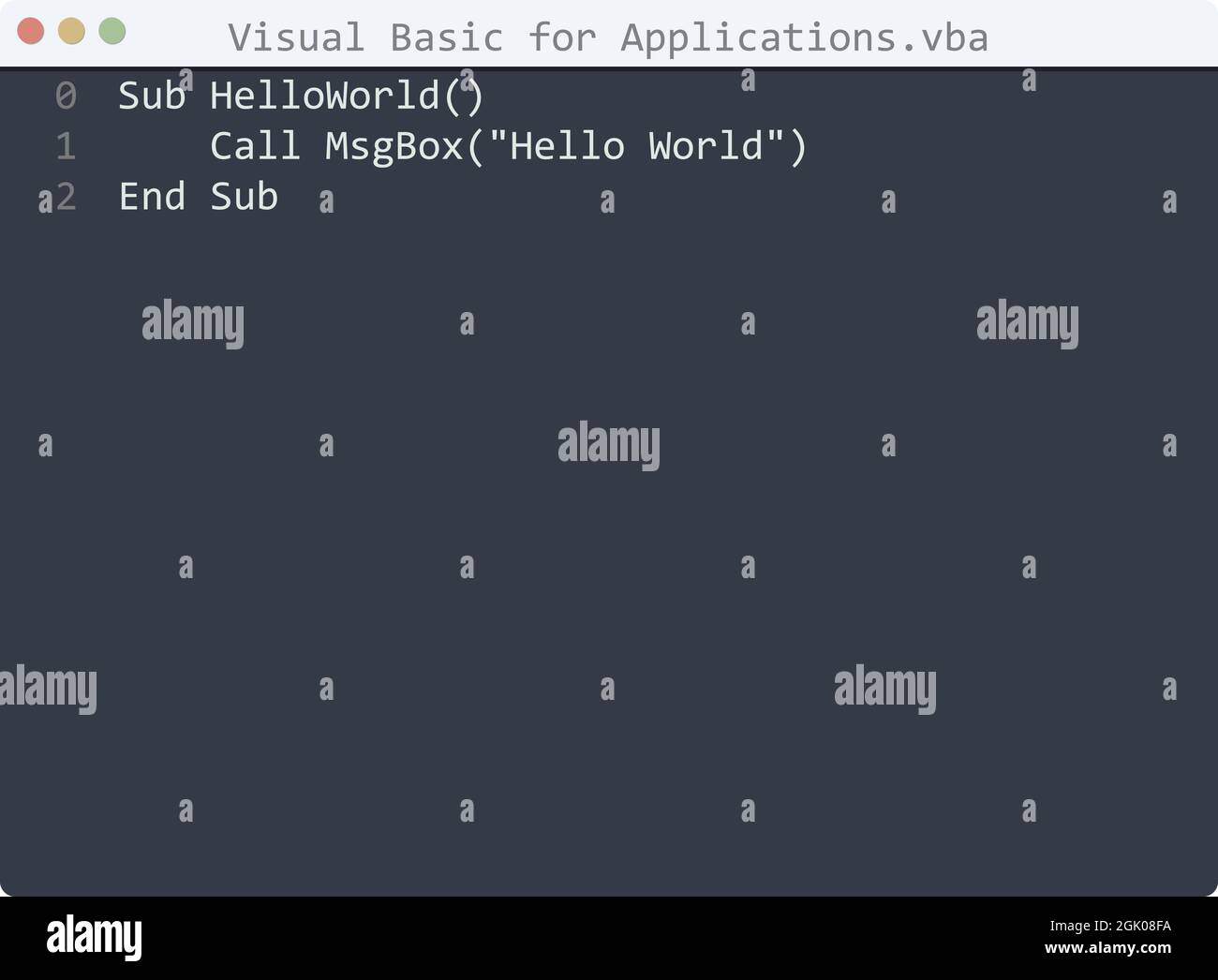 Visual Basic per il linguaggio applicativo Hello World esempio di programma nella finestra dell'editor Illustrazione Vettoriale