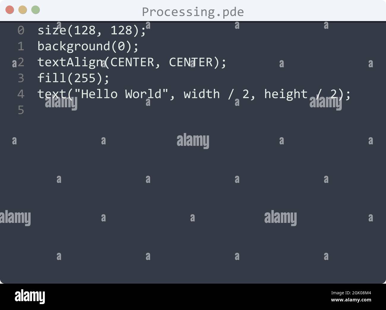 Linguaggio di elaborazione Hello World esempio di programma nella finestra dell'editor Illustrazione Vettoriale