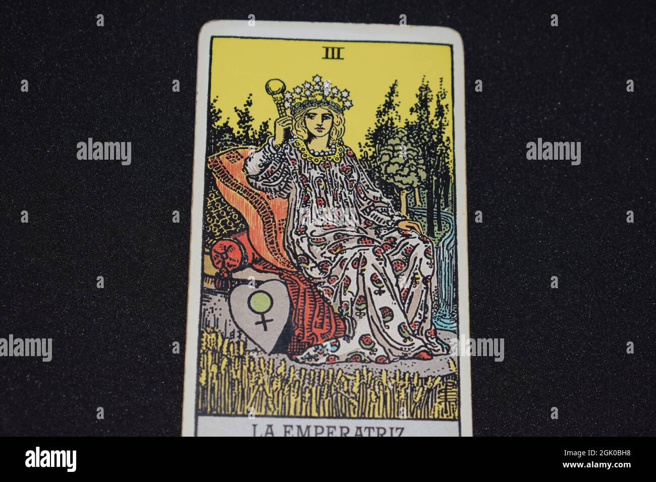 La carta Tarot numero 15 rappresenta l'EMPERATRESS nelle carte tarocchi  dell'arcana maggiore su sfondo nero Foto stock - Alamy