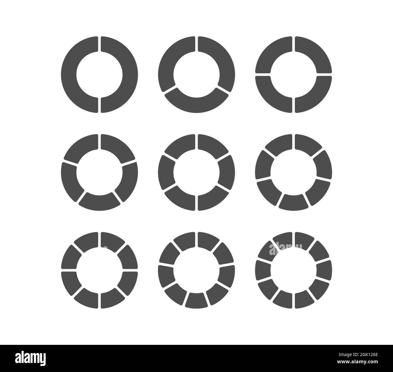 set di grafici a torta per 2,3,4,5,6,7,8,9,10 passaggi o sezioni. Un modello per illustrare un business plan, l'infografia e la creazione di report. Design semplice. Illustrazione Vettoriale