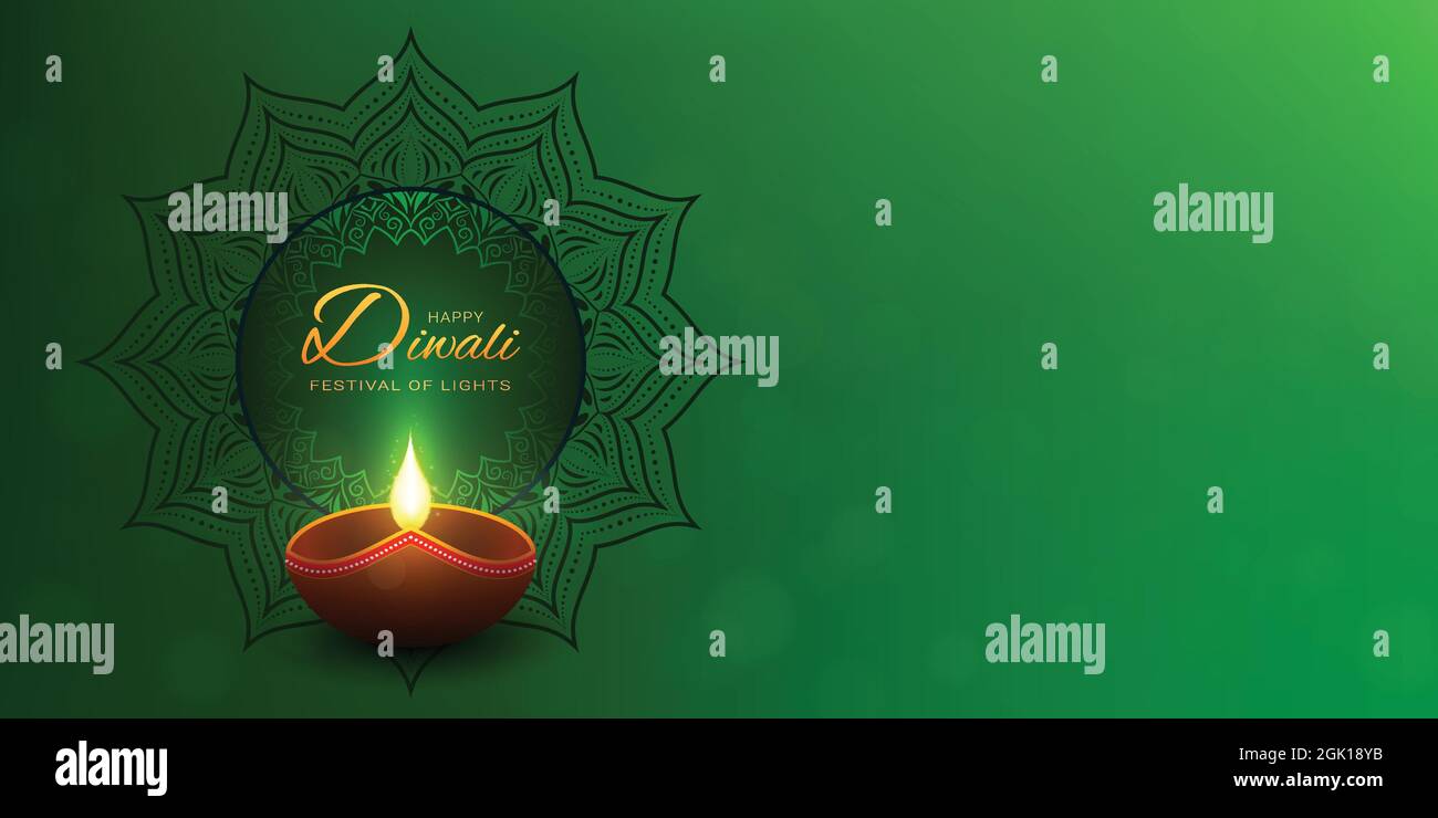 Felice sfondo verde Diwali con illuminazione lampada diya. Testo del saluto in oro. Decorazioni in mandala scuro. Illustrazione Vettoriale