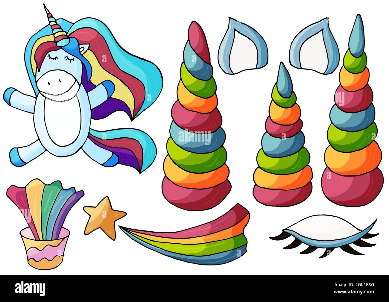 Set di elementi di design unicorno in stile disegno a mano. Collezione fata Girly. Unicorno, corno, arcobaleno. Stile cartoon Unicorn. Cartello, adesivo Illustrazione Vettoriale
