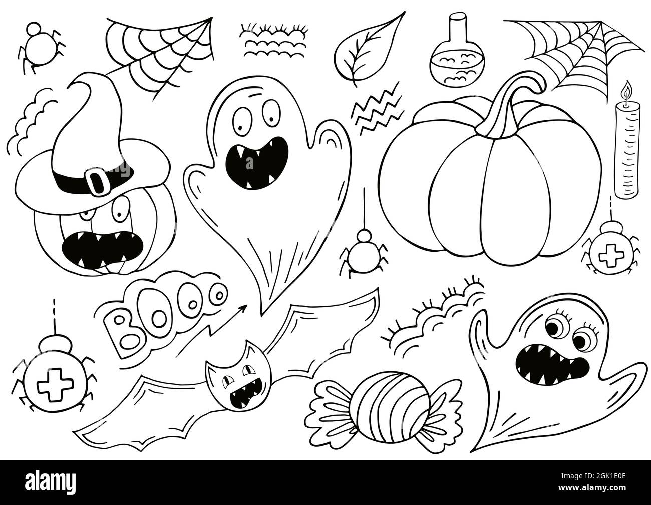 Set di elementi di design di Halloween in stile disegno a mano.  Rifornimenti della strega, zucche, caramelle. Icone da colorare, stile  cartoon. Cartello, adesivo Immagine e Vettoriale - Alamy