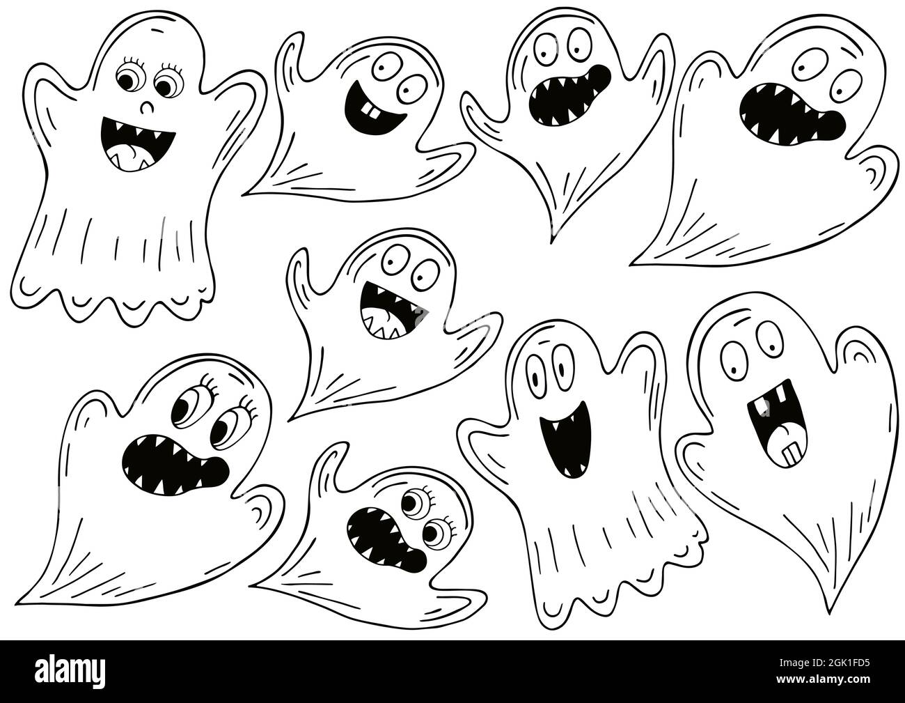 Set di fantasmi in stile disegno a mano. Collezione di illustrazioni vettoriali per il design di Halloween. Elementi da colorare, stile cartoon. Cartello, adesivo Immagine e Vettoriale - Alamy