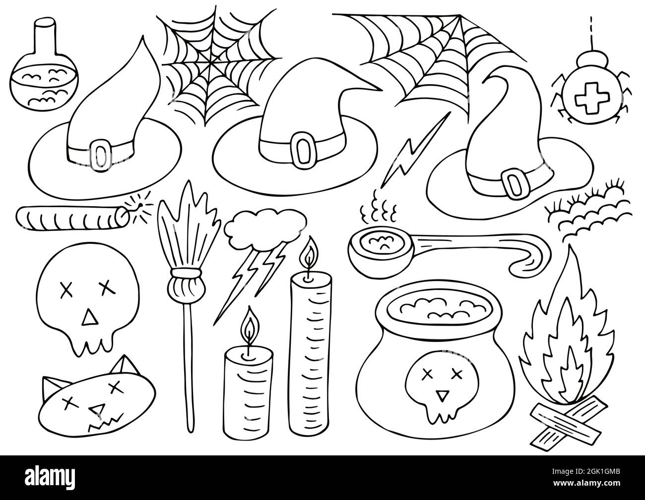Set di elementi di design di Halloween in stile disegno a mano. Accessori per streghe. Icone di Halloween, stile da colorare. Cartello, adesivo, spilla Illustrazione Vettoriale