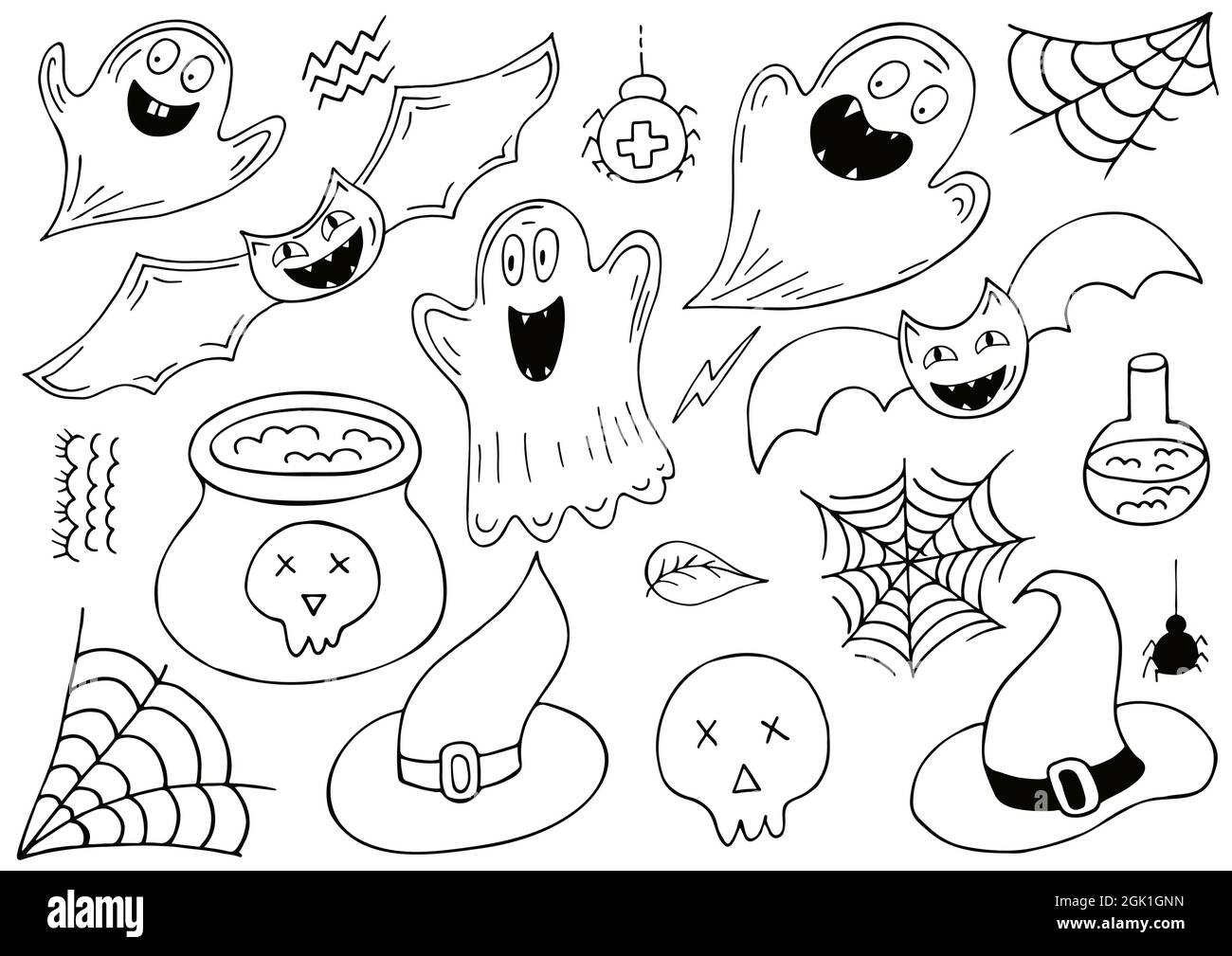 Set di elementi di design di Halloween in stile disegno a mano. Accessori  streghe, fantasmi, pipistrelli. Icone di Halloween, stile da colorare.  Cartello, adesivo, spilla Immagine e Vettoriale - Alamy