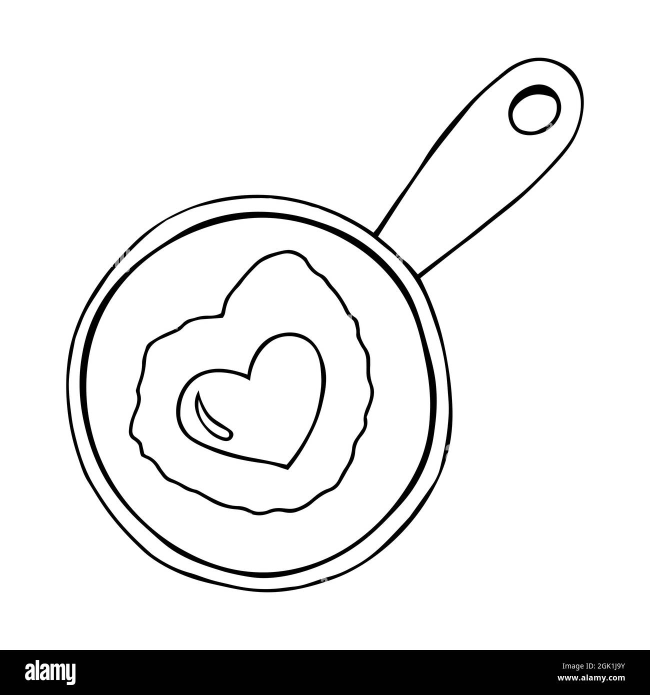 Padella con uovo usando l'illustrazione di doodle. Contorno nero vettore padella uovo fritto isolato su sfondo bianco. Illustrazione Vettoriale
