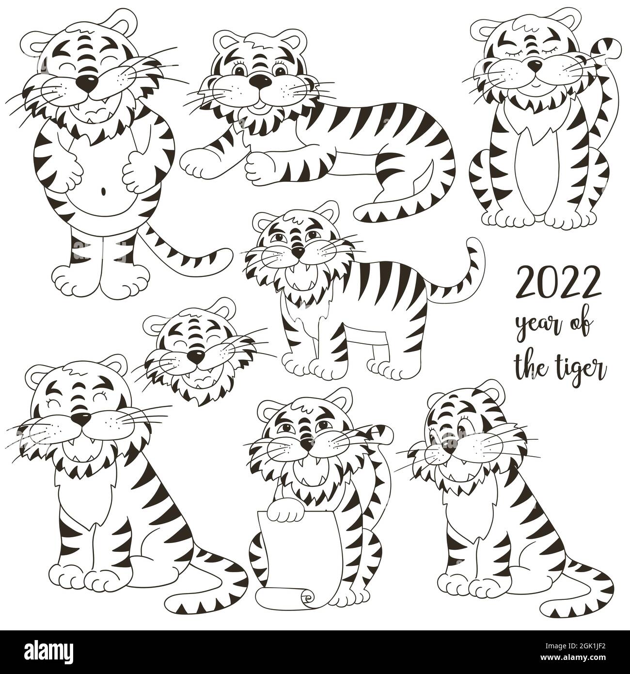 Simbolo di 2022. Set di tigri a mano. Facce delle tigri. Anno nuovo 2022. Illustrazioni vettoriali da colorare Illustrazione Vettoriale