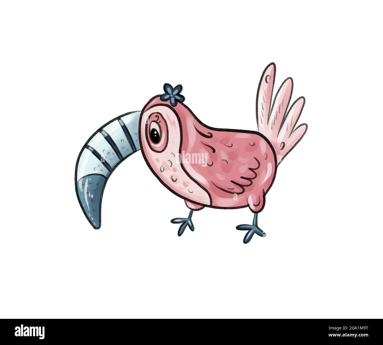 Illustrazione di un grazioso toucan rosa con un grande becco blu-grigio con un fiore sulla sua testa su uno sfondo bianco isolato. Foto Stock