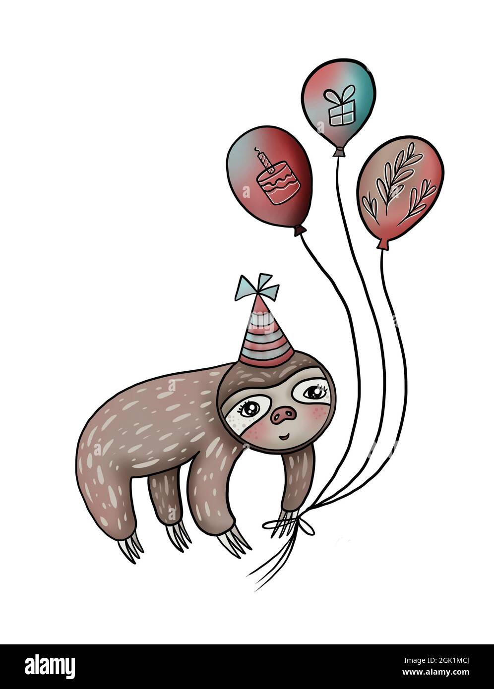 Illustrazione di un simpatico sloth marrone con un cappellino festivo sulla testa e palloncini su uno sfondo bianco isolato. Foto Stock