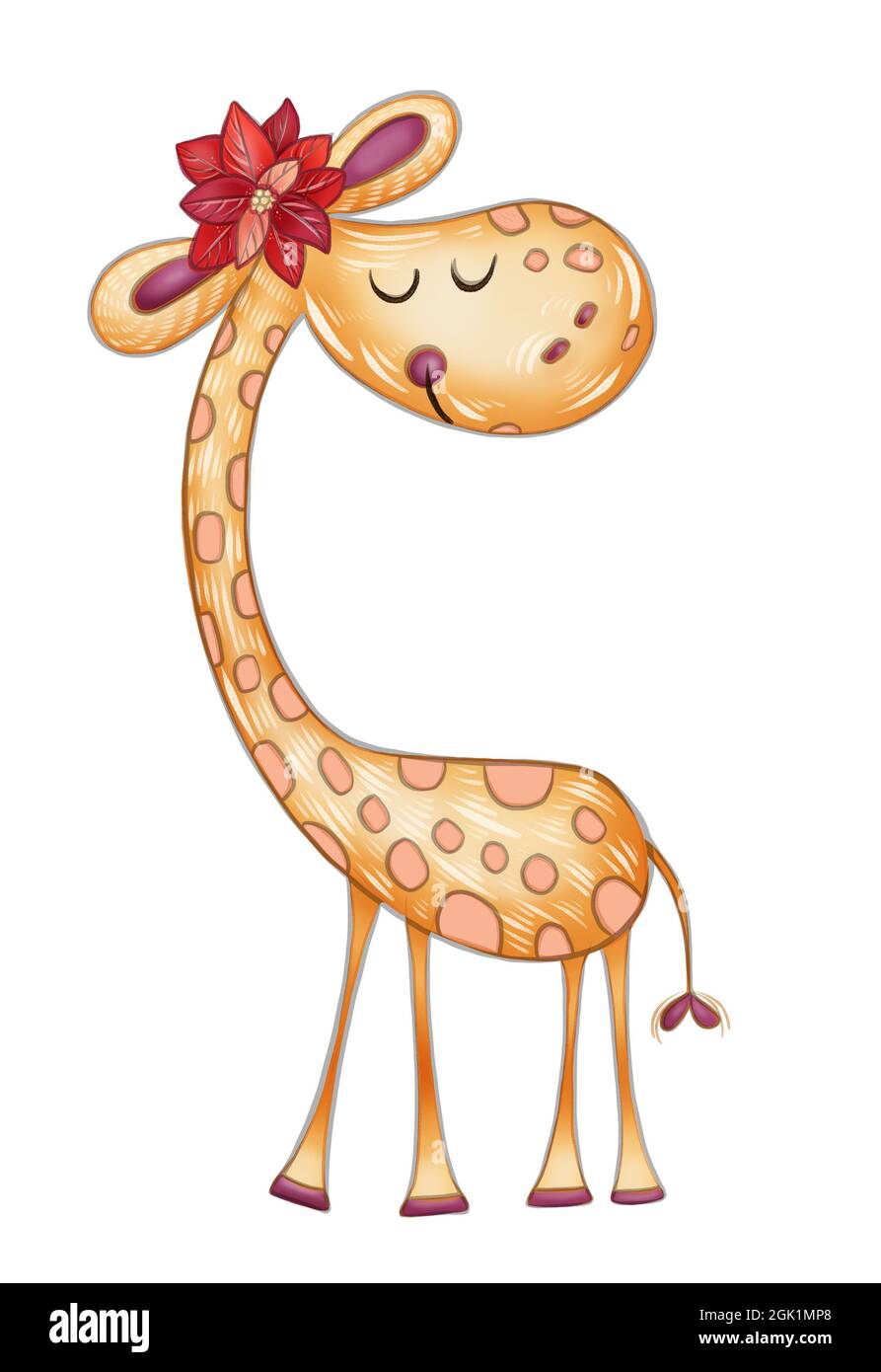 Illustrazione di un'alta simpatica giraffa gialla in una corona di fiori sulla sua testa su uno sfondo bianco isolato. Foto Stock