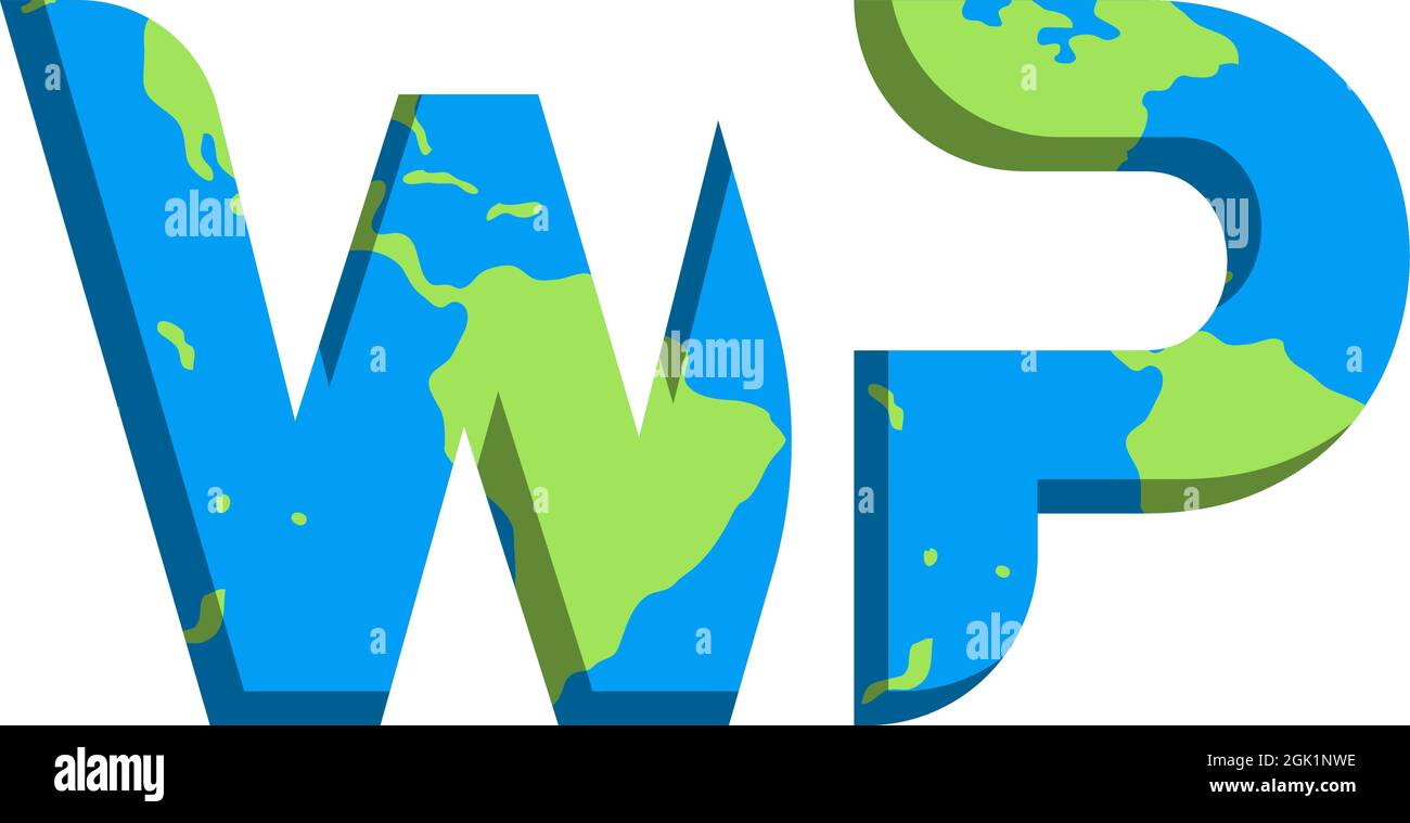 Design iniziale del logo WP con stile Mappa del mondo, branding aziendale con logo. Illustrazione Vettoriale