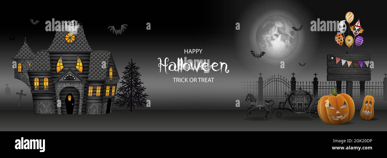 Banner di Halloween con casa infestata, zucche e palloncini da festa Illustrazione Vettoriale