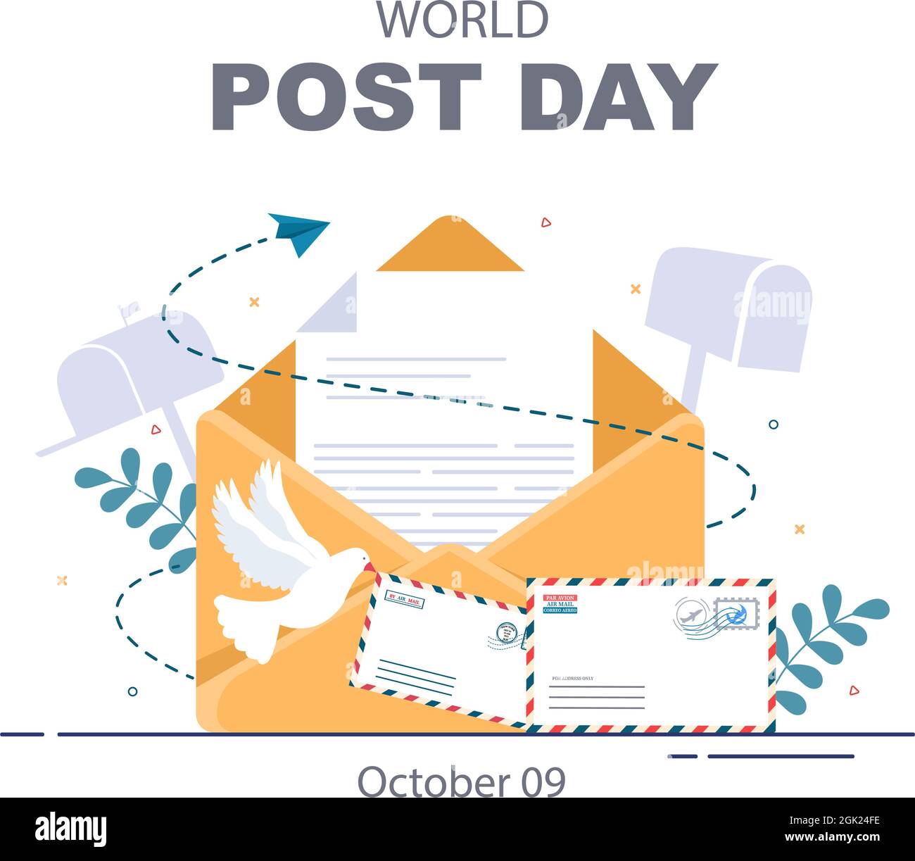 World Post Day sfondo che viene celebrato il 9 ottobre con Mail Box, Mappa, Bird o lettera di saluto, Poster, Profilo foto. Illustrazione vettoriale Illustrazione Vettoriale