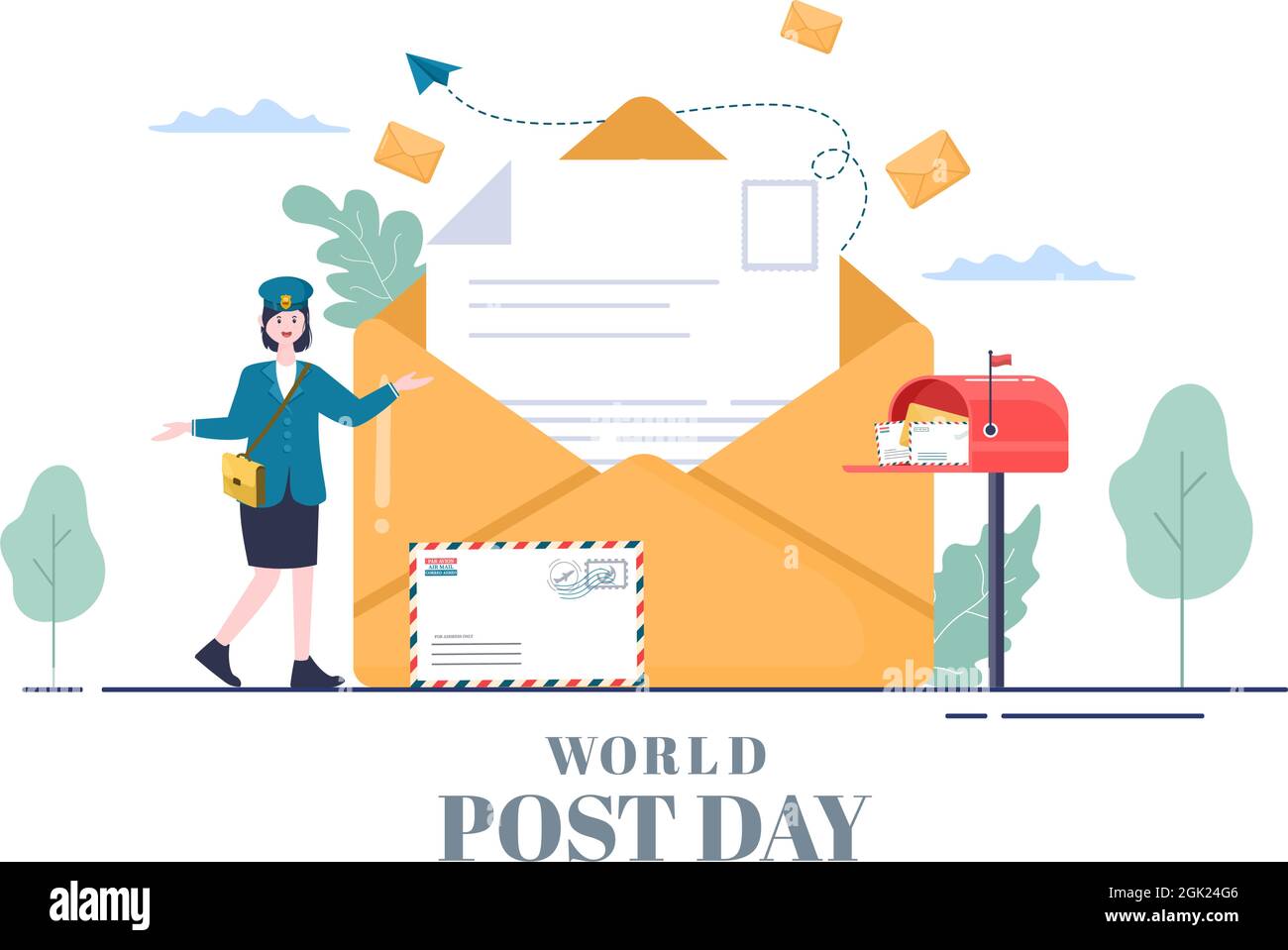 World Post Day sfondo che viene celebrato il 9 ottobre con Mail Box, Mappa, Bird o lettera di saluto, Poster, Profilo foto. Illustrazione vettoriale Illustrazione Vettoriale