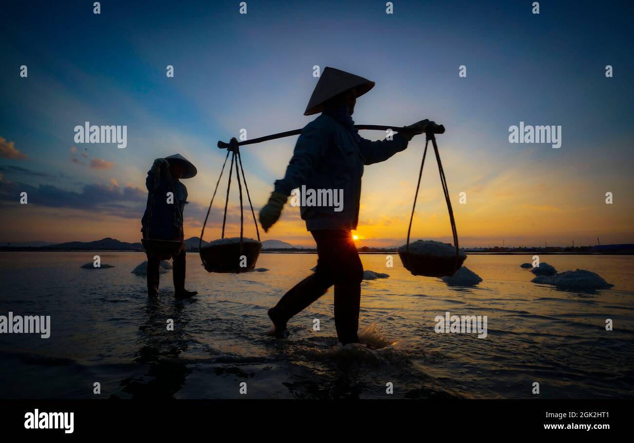 Bel campo di sale nella provincia di Khanh Hoa nel Vietnam centrale Foto Stock