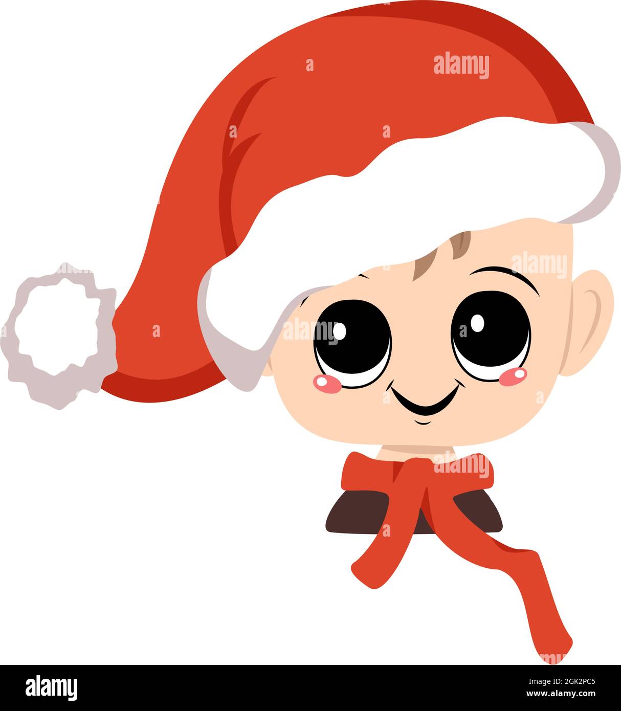 Avatar di un bambino con grandi occhi e un ampio sorriso felice in un cappello rosso di Santa. Carino ragazzo con un volto gioioso in un costume festivo per Capodanno e Natale. Testa di bambino adorabile con gioie emozioni Illustrazione Vettoriale