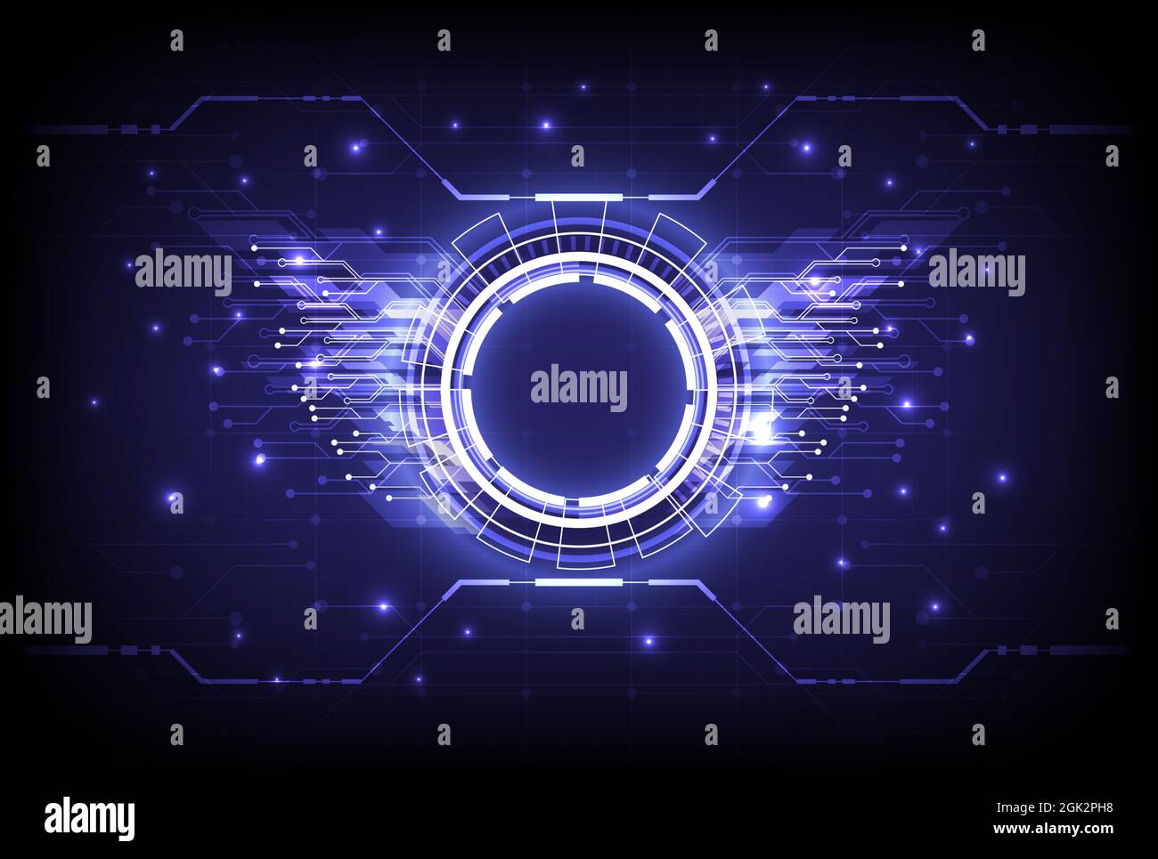 Futuristico elemento cerchio HUD incandescente Sci-Fi. Background astratto hi-tech. Particella di ologramma dell'interfaccia del display head-up. Tecnologia di realtà virtuale Illustrazione Vettoriale